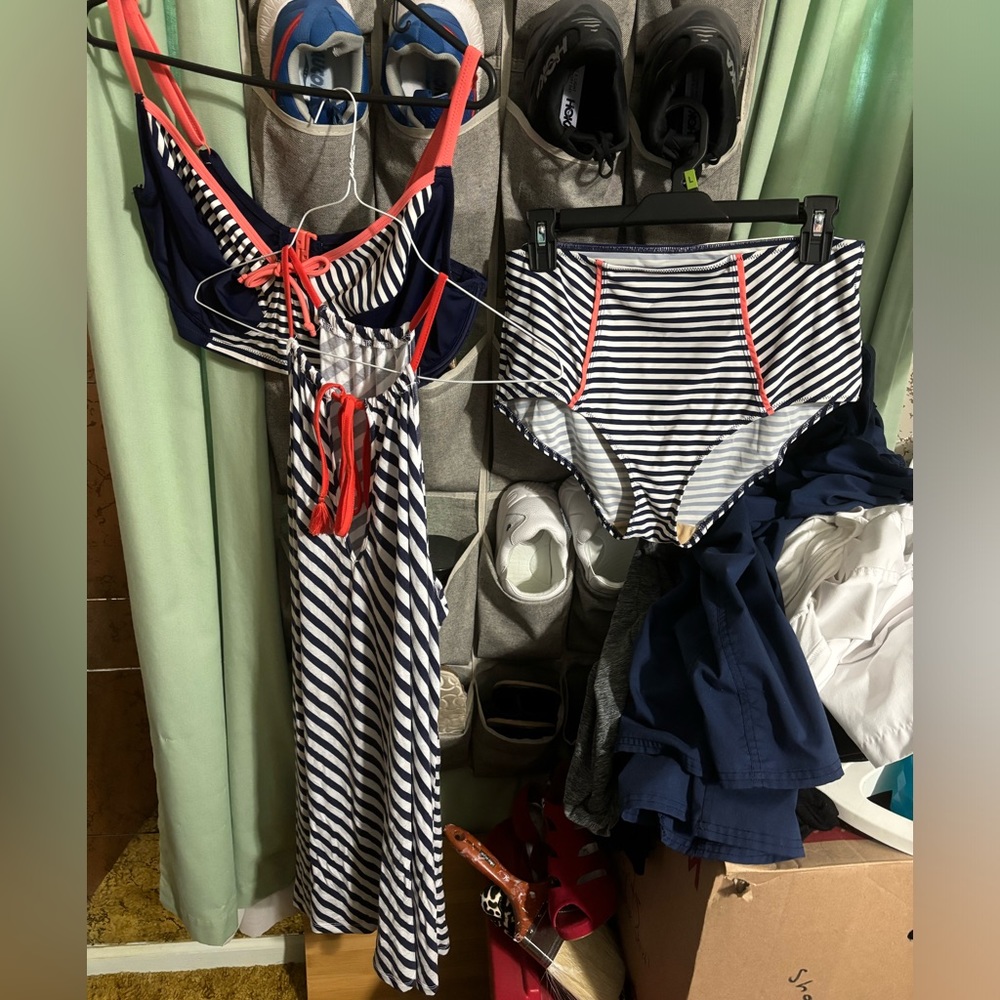 Pour Moi navy, white, and coral bikini set and cover up